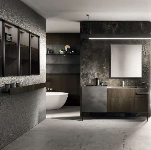 Mobile da Bagno a terra Lympha 04 in essenza Rovere Cacao e laccato ossido Piombo di Altamarea