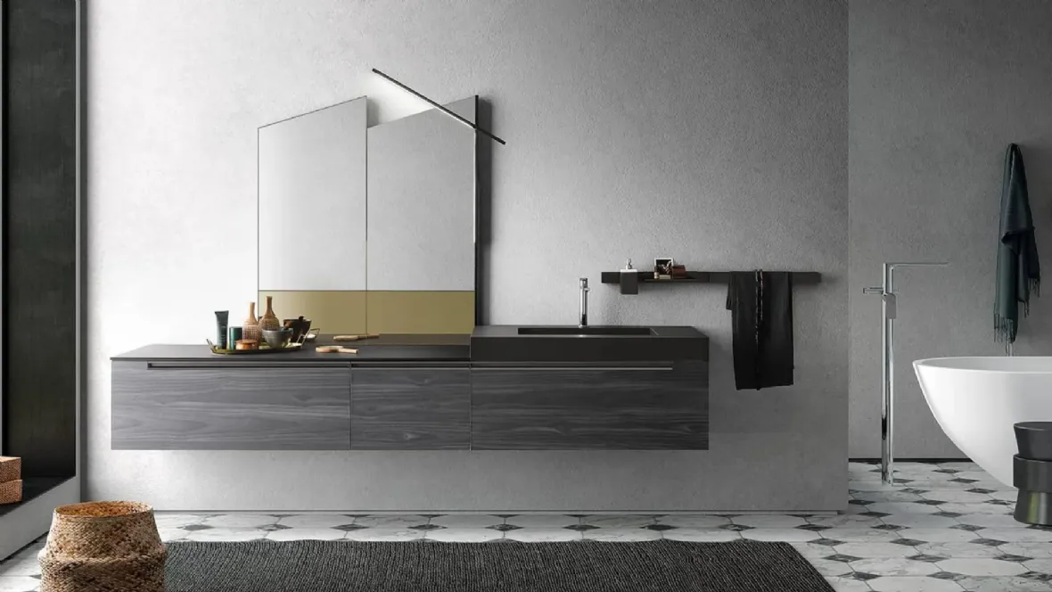 Mobile da Bagno sospeso Side 06 in melaminico e top in fenix nero con vasca integrata di Archeda