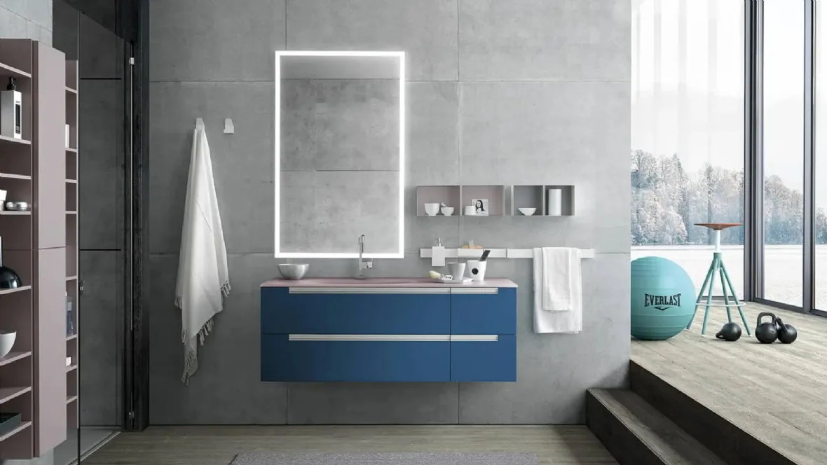 Mobile da Bagno sospeso Side 08 in laccato e top in vetro acidato con vasca integrata di Archeda