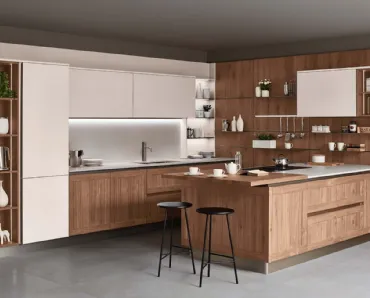 Cucina Moderna con penisola Armonia 02 in Noce nodoso a doghe e laccato opaco di Veneta Cucine