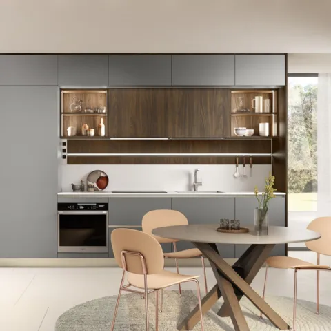 Cucina Moderna lineare Like J 01 in laccato Grigio e Noce di Veneta Cucine