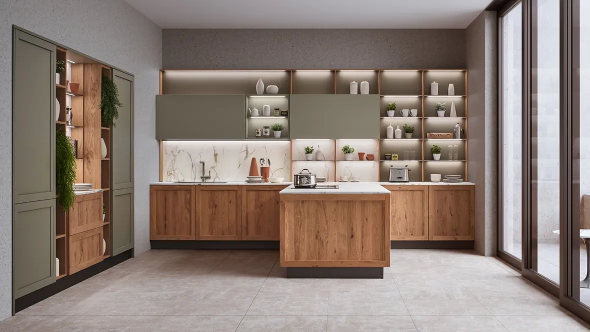 Cucina Moderna con penisola Milano 01 in Rovere e laccato Verde di Veneta Cucine