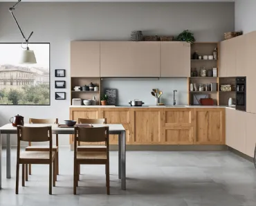 Cucina Moderna angolare Milano 08 in Rovere Nodoso chiaro e laccato Beige di Veneta Cucine