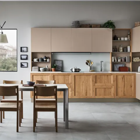 Cucina Moderna angolare Milano 08 in Rovere Nodoso chiaro e laccato Beige di Veneta Cucine