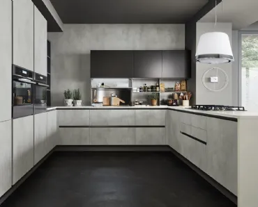 Cucina Moderna con penisola Oyster 08 in melaminico Beton Grigio e laccato Ardesia di Veneta Cucine