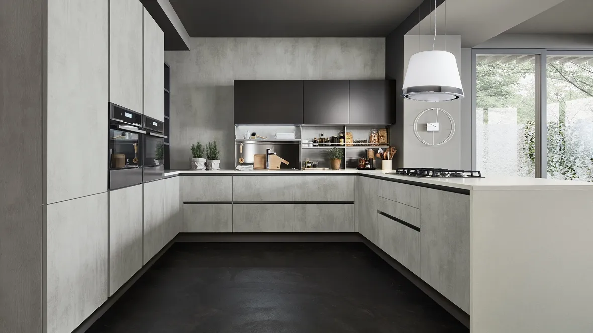 Cucina Moderna con penisola Oyster 08 in melaminico Beton Grigio e laccato Ardesia di Veneta Cucine