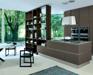 Cucina Moderna Ri-flex 07 con isola in vetro laccato opaco Marrone Oliva di Veneta Cucine