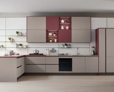 Cucina Moderna Like J 02 con penisola in laccato opaco Marrone e Rosso Soft di Veneta Cucine